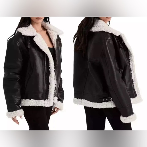 NWT. House of CB Black Shearling Vegan Leather Aviator Jacket Size Large - Picture 3 of 14